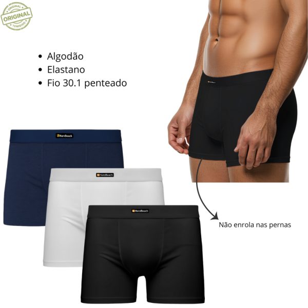 Cueca masculina kit 3 boxer algodão preto azul branco HeroBeach