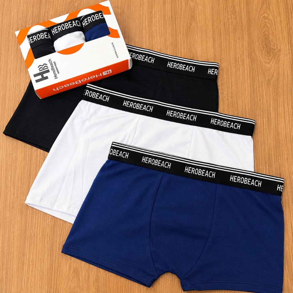 Cueca masculina Kit 3 Boxer HeroBeach Algodão Premium Elástico Bordado Confortável