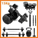 equipamento fitness kit halteres anilhas barras e kettlebell ajustável para treino em casa