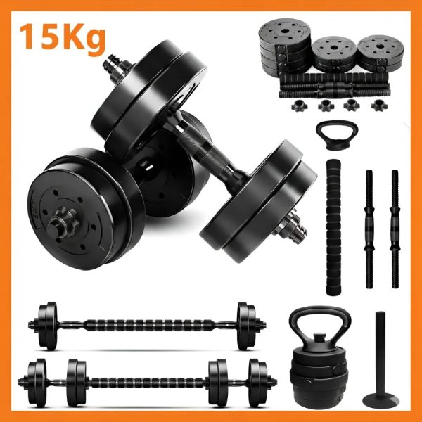 equipamento fitness kit halteres anilhas barras e kettlebell ajustável para treino em casa
