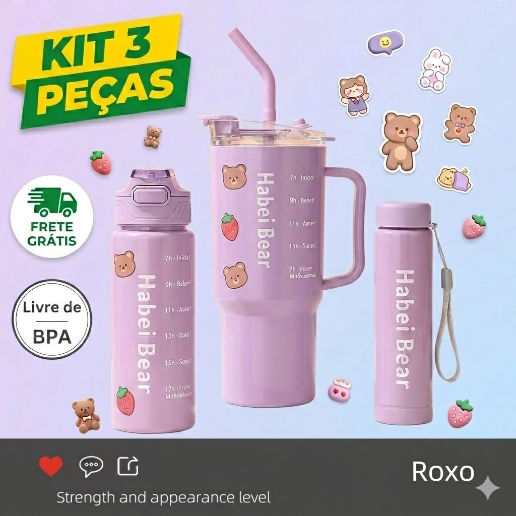 Garrafa copo tendência agua kit com 3 squeezes de 1,2L, 800ml e 300ml e adesivos lembretes