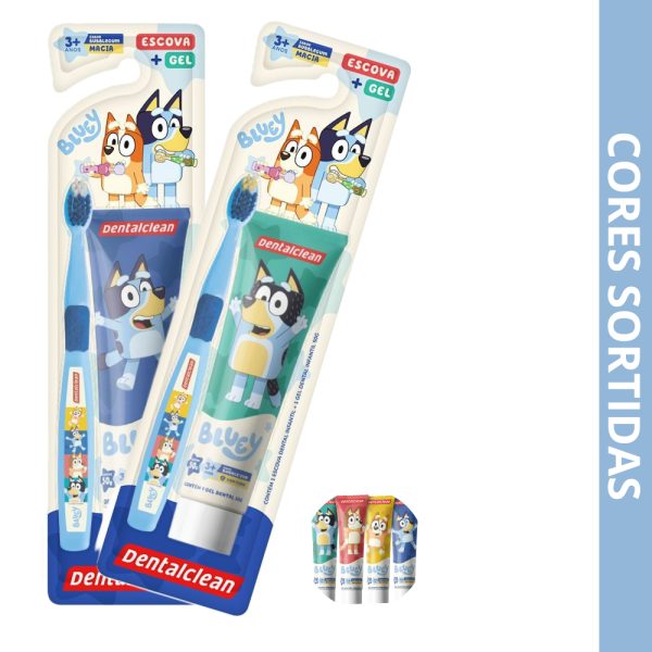 higiene bebe com Kit Escova + Gel Dental Infantil Bluey 50g com Flúor 1100ppm Dentalclean
