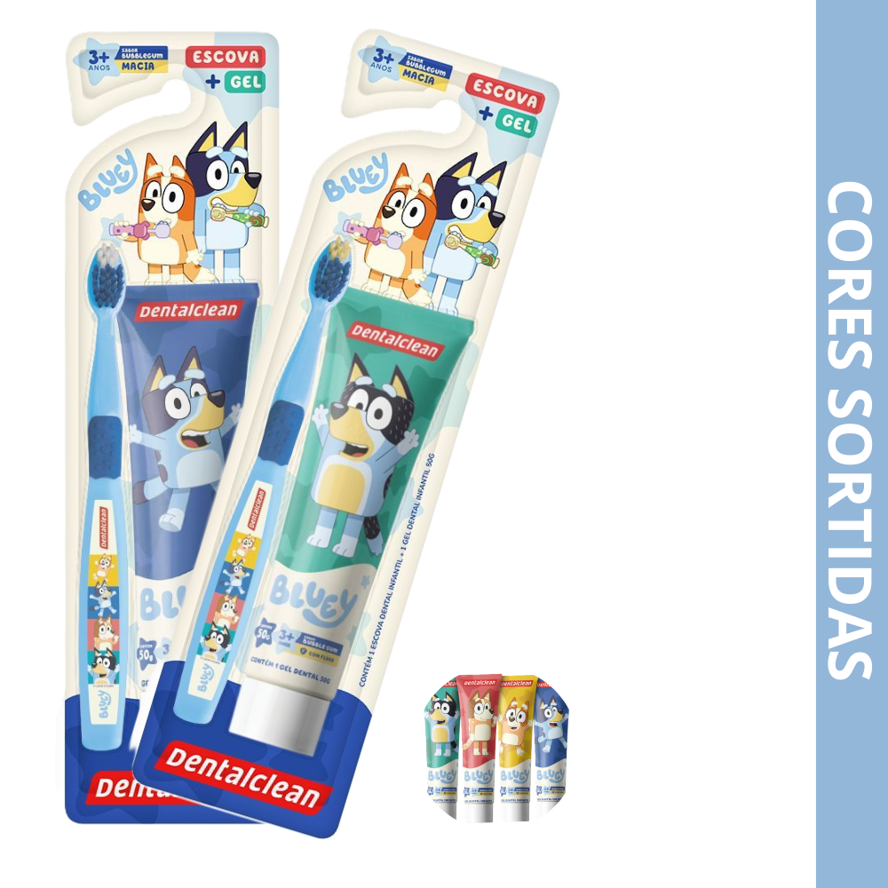higiene bebe com Kit Escova + Gel Dental Infantil Bluey 50g com Flúor 1100ppm Dentalclean