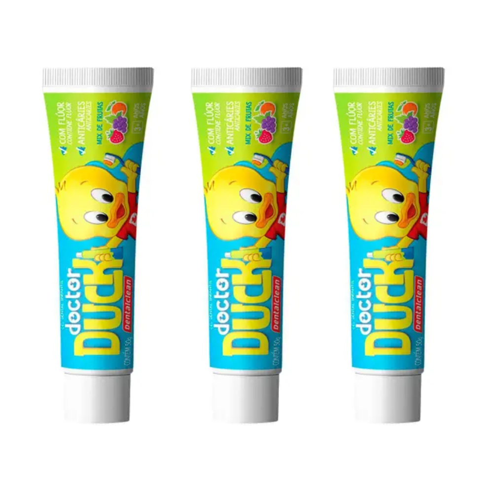 higiene bebe gel dental infantil Doctor Duck com flúor sabor mix de frutas 3 tubos de 50g