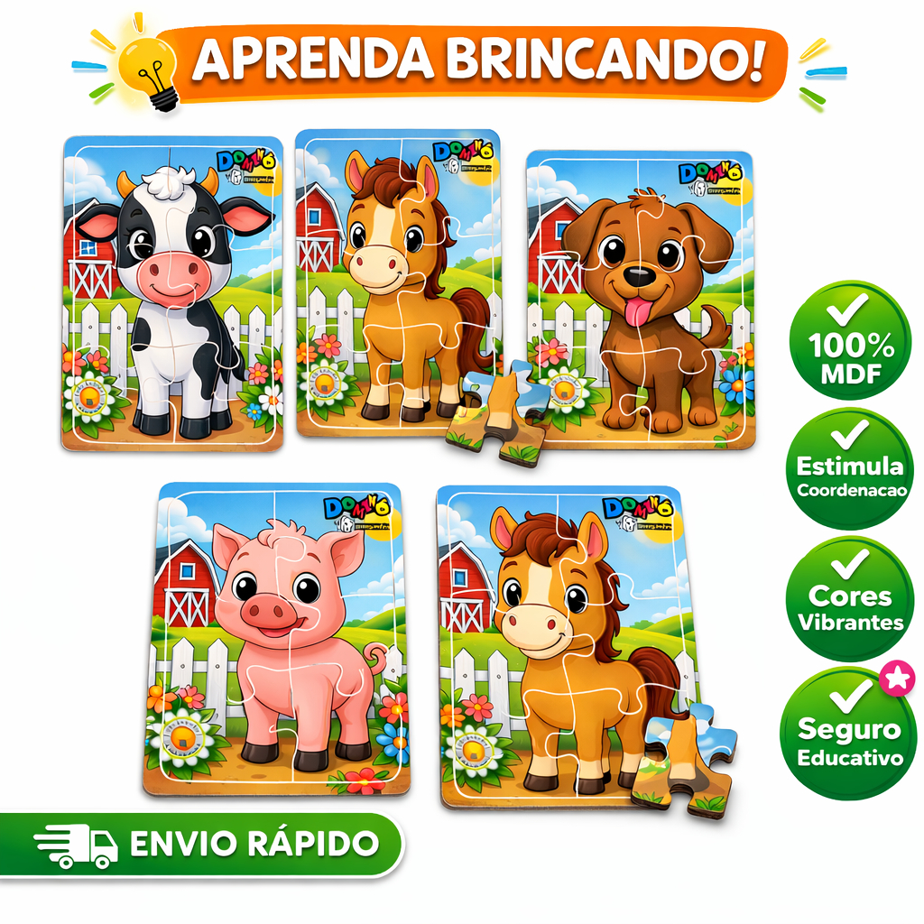 jogo quebra cabeça animais fazenda em madeira com 4 kits e 6 peças cada
