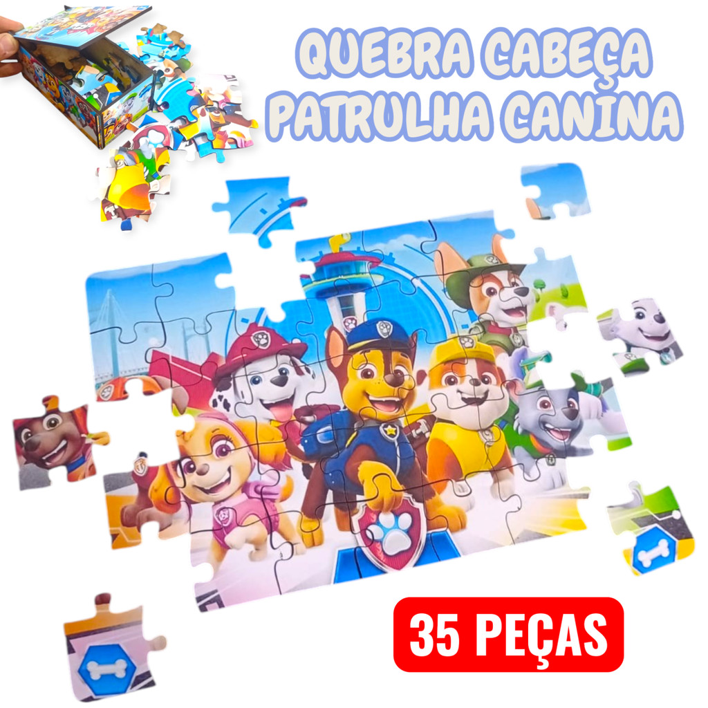 jogo quebra cabeca Patrulha Canina 35 peças com caixa para guardar