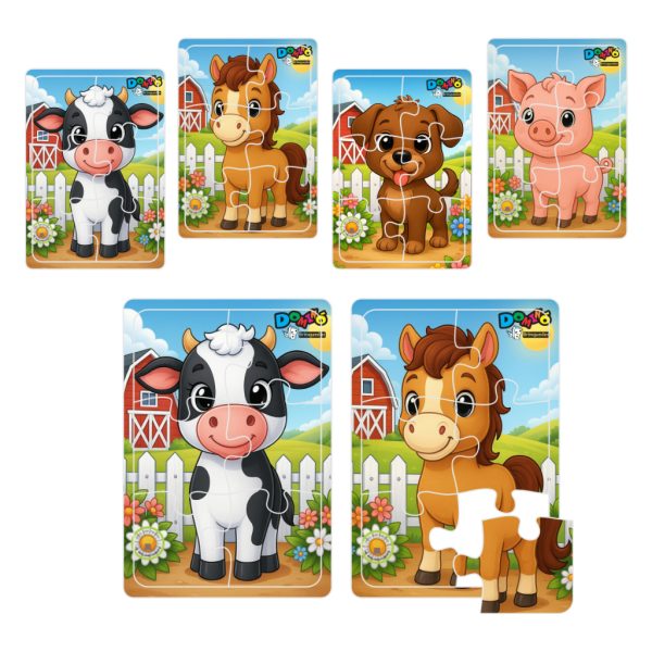 jogo quebra cabeça de madeira com animais da fazenda e 6 peças para crianças