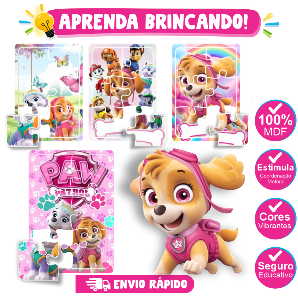 jogo quebra cabeca em MDF 6 peças Patrulha Canina brinquedo educativo infantil