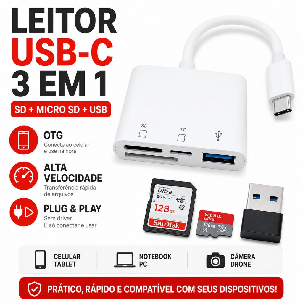 leitor cartão usb em 3 em 1 otg sd micro sd adaptador para celular notebook câmera