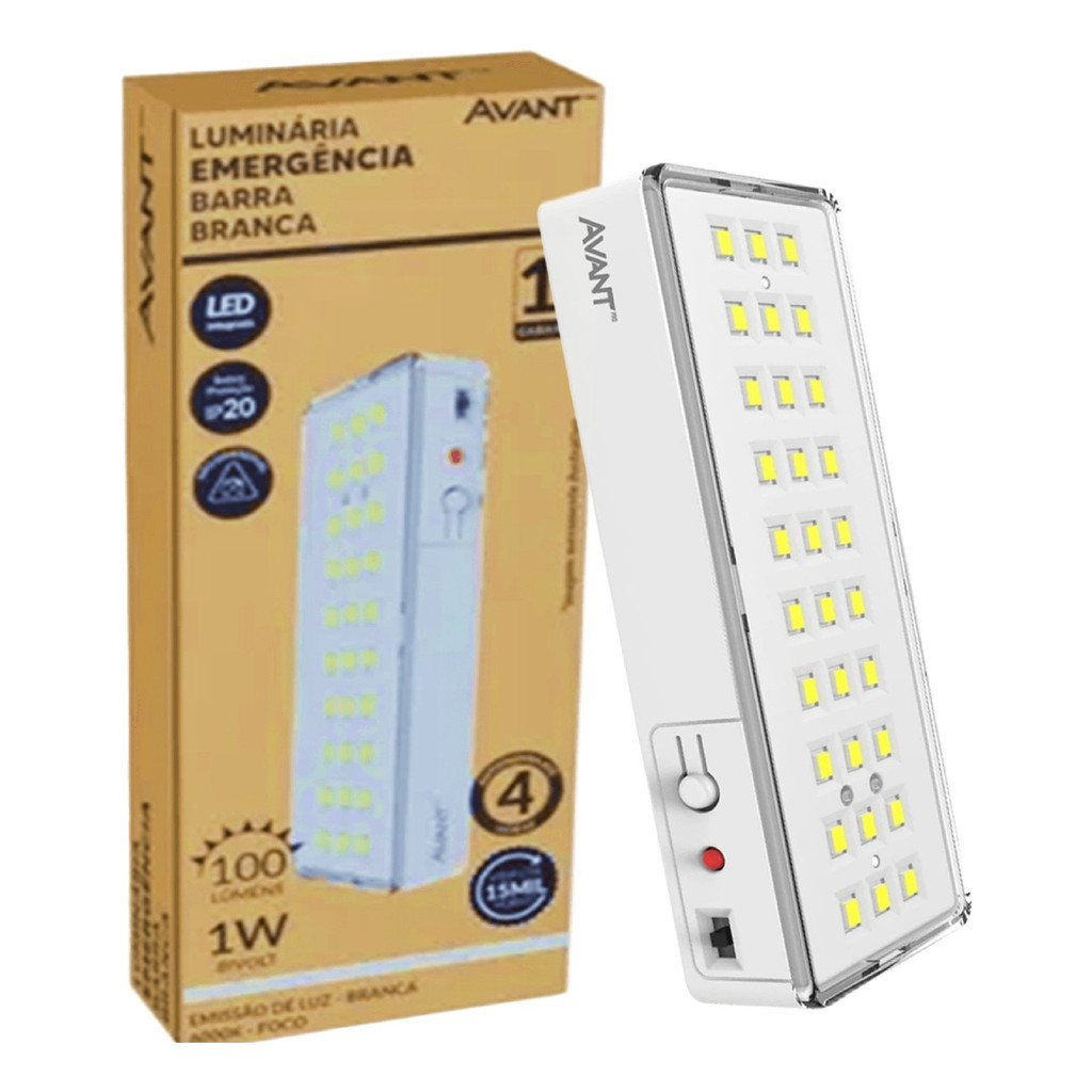 luminaria led de emergência 30 LEDs recarregável bivolt luz branca fria 6500K Avant
