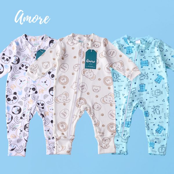 macacões bebê amore vira pé kit 3 peças 100% algodão com zíper para menino
