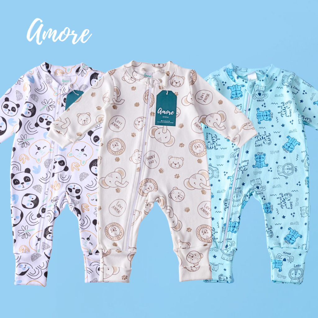 macacões bebê amore vira pé kit 3 peças 100% algodão com zíper para menino