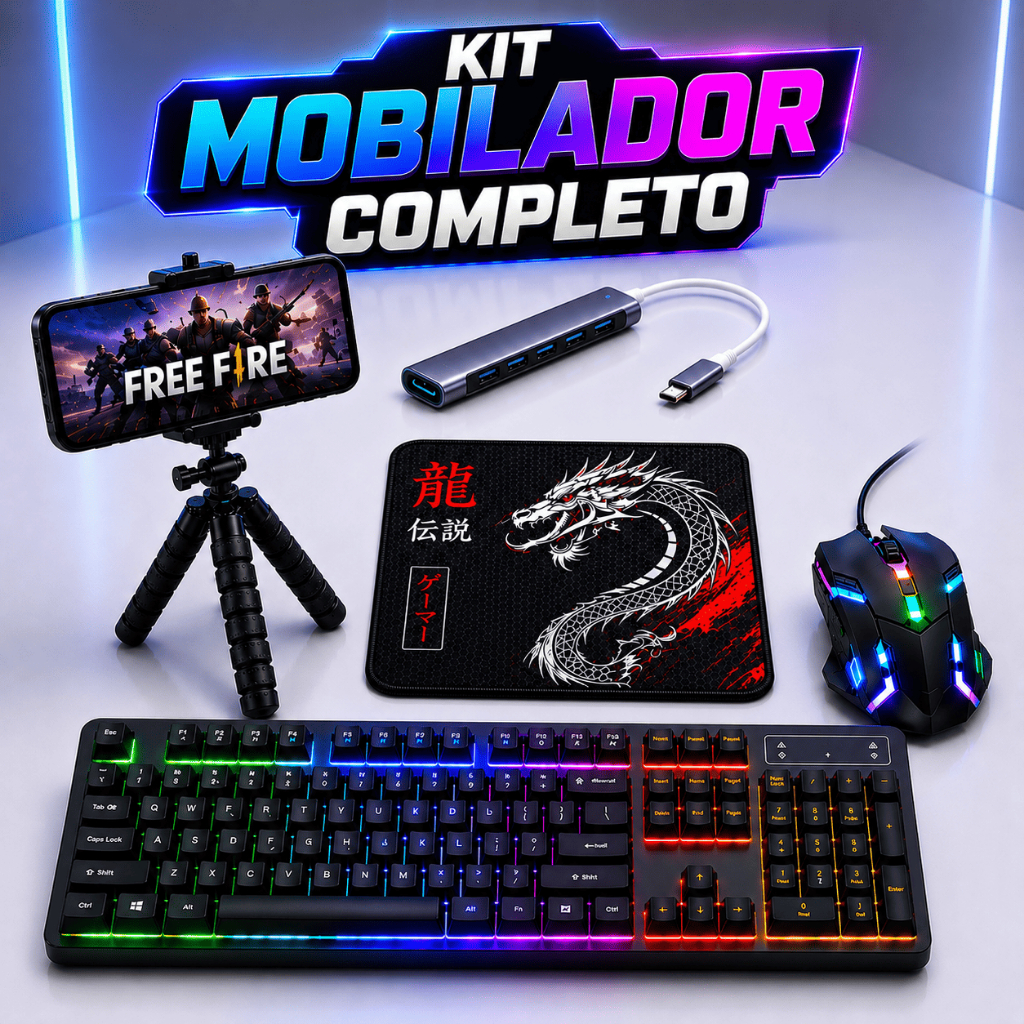 Mobilador gamer completo teclado com mouse RGB, mouse pad, hub USB C e tripé para celular