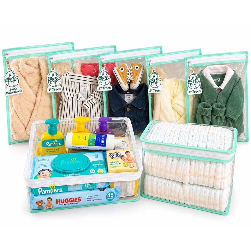 organizador maternidade saquinho tag kit com 5 saquinhos transparentes, 5 tags, porta-fralda e necessaire para mala de bebê