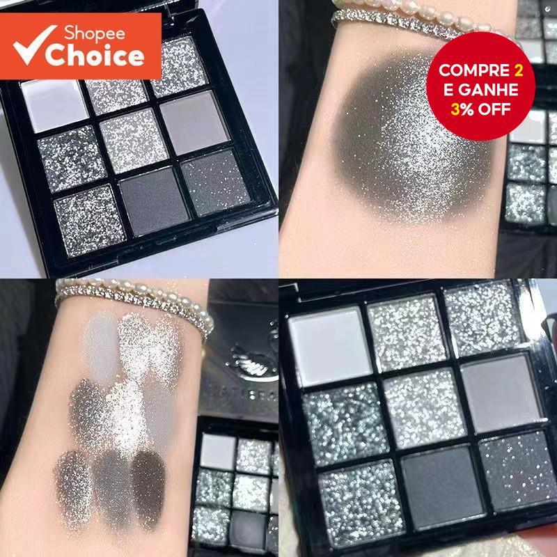 paleta sombra com glitter de 9 cores, metal escuro, cinza e preto para olho esfumaçado