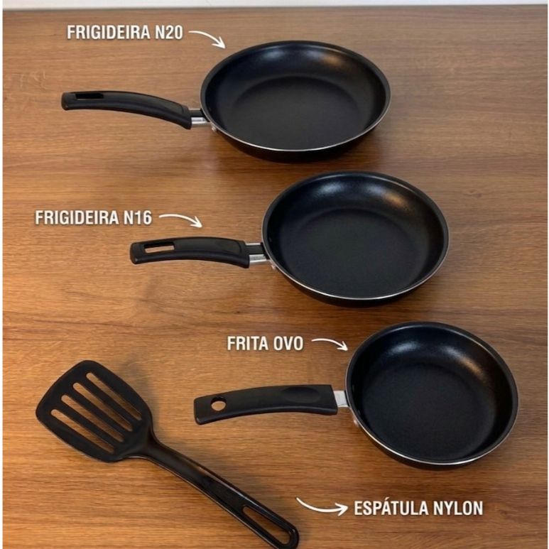 panela antiaderente em kit com 2 frigideiras, 1 frita ovo e 1 espátula da Delux Alumínios