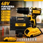 parafusadeira furadeira 48V bateria com duas baterias de lítio e caixa de ferramentas