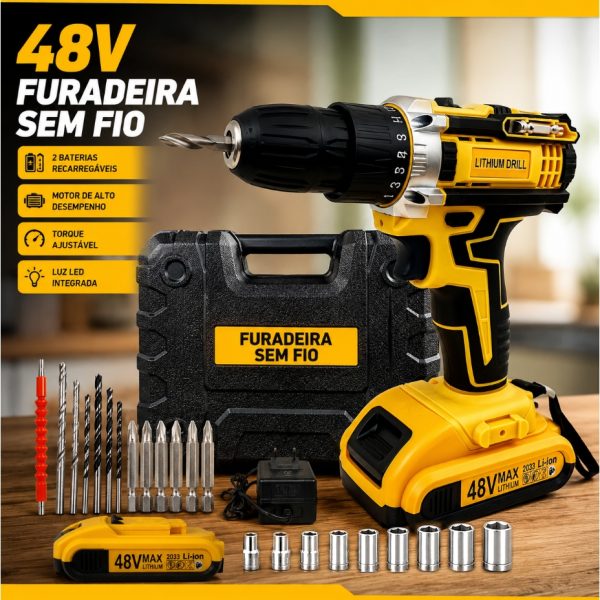 parafusadeira furadeira 48V bateria com duas baterias de lítio e caixa de ferramentas