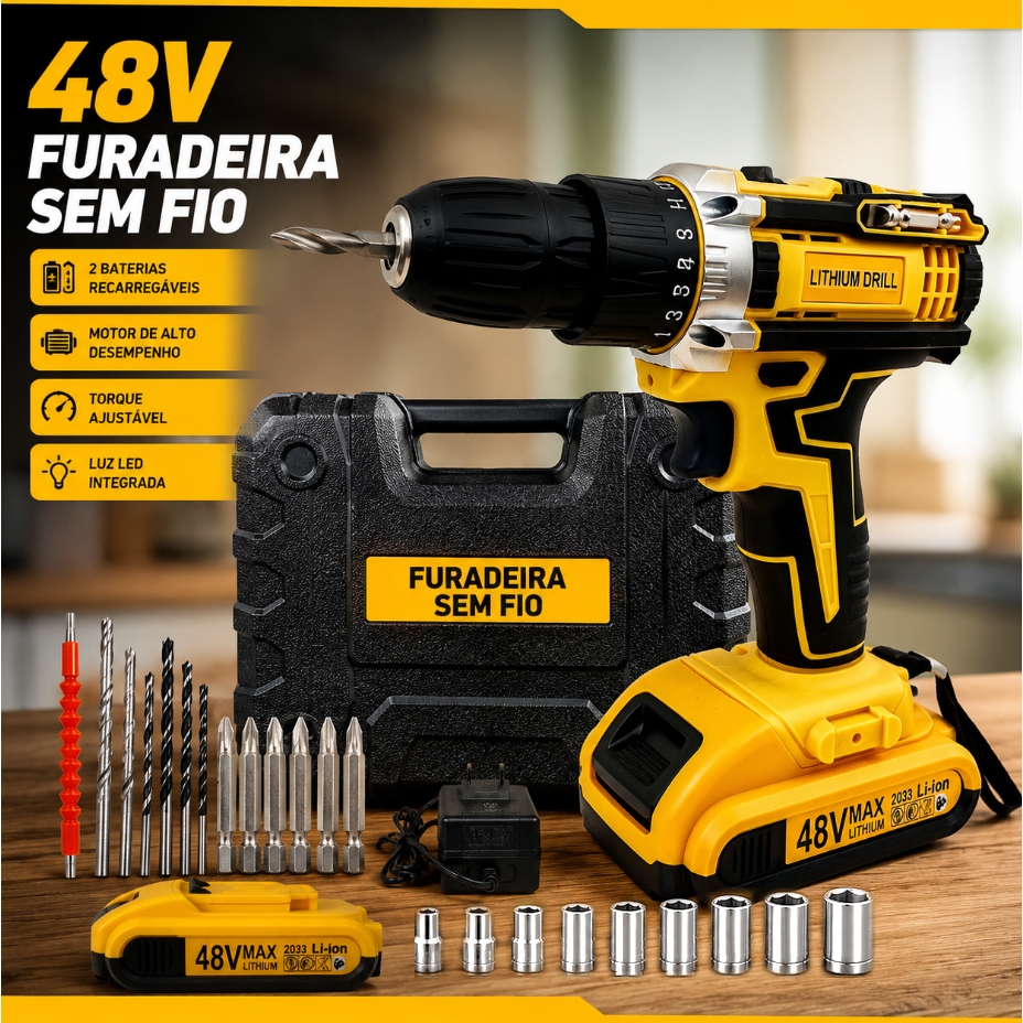 parafusadeira furadeira 48V bateria com duas baterias de lítio e caixa de ferramentas