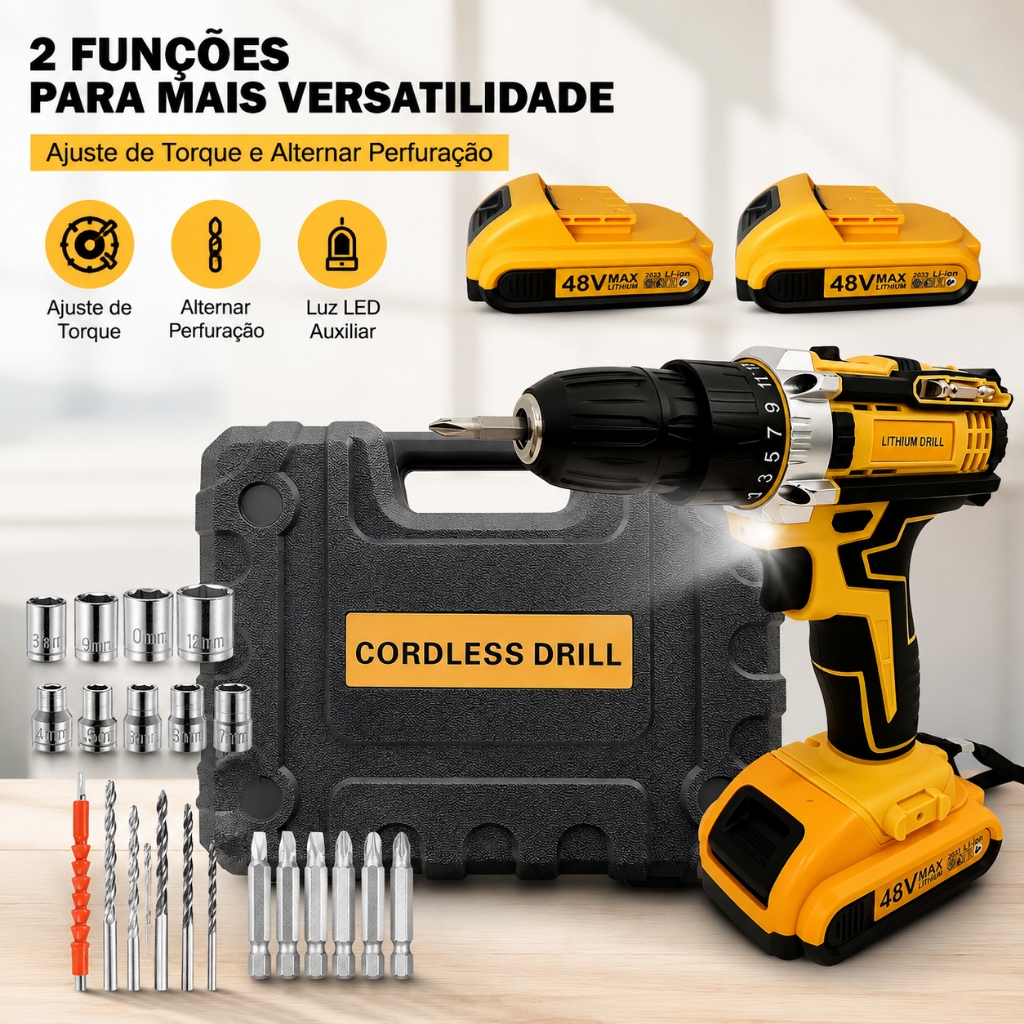 Parafusadeira furadeira 48V íon-lítio sem fio com 2 baterias, maleta e kit de acessórios