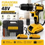 parafusadeira furadeira 48V sem fio com bateria, acessórios e maleta de transporte