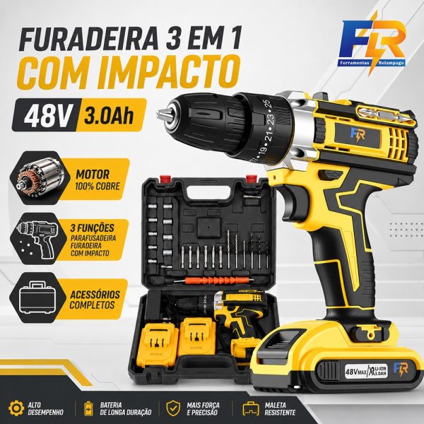 parafusadeira furadeira de impacto 48V sem fio com 2 baterias maleta e acessórios kit completo
