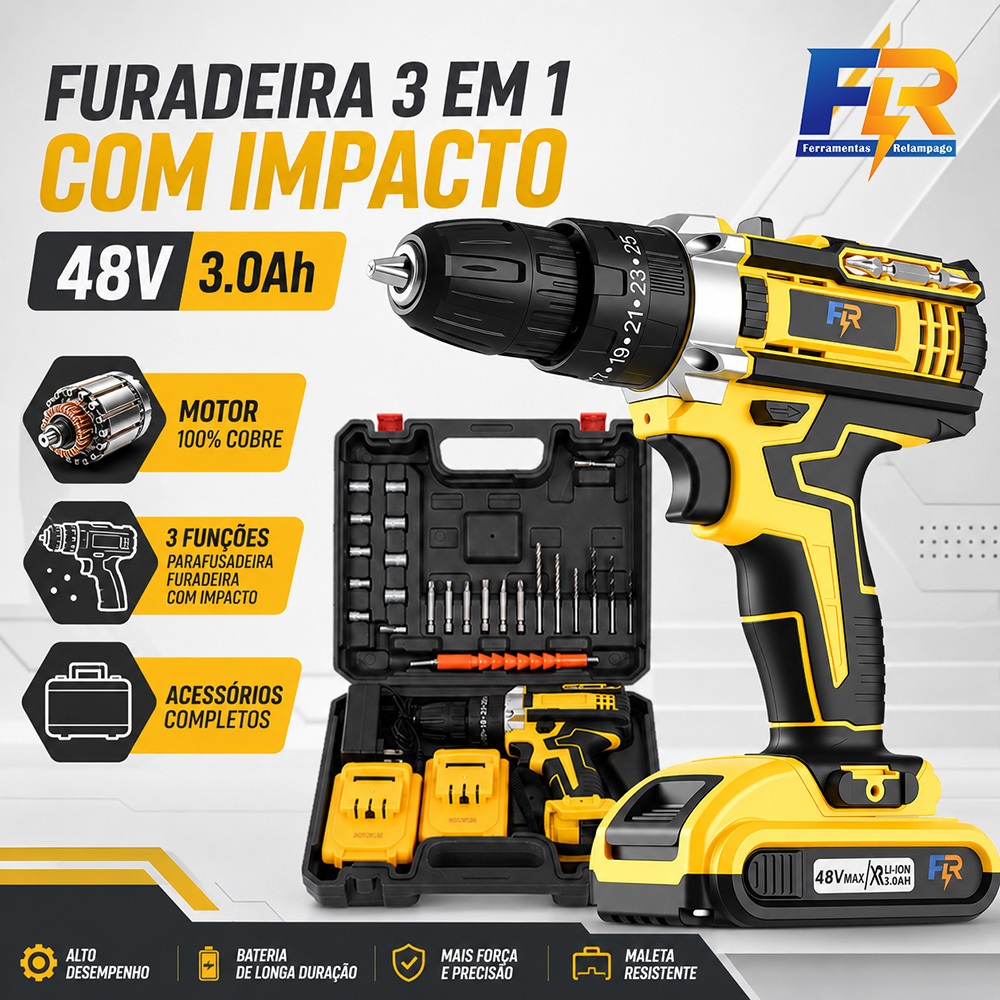 parafusadeira furadeira de impacto 48V sem fio com 2 baterias maleta e acessórios kit completo
