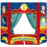 Pelucia boneca e teatro de fantoches infantil de madeira colorido 99x65cm para usar sobre a mesa