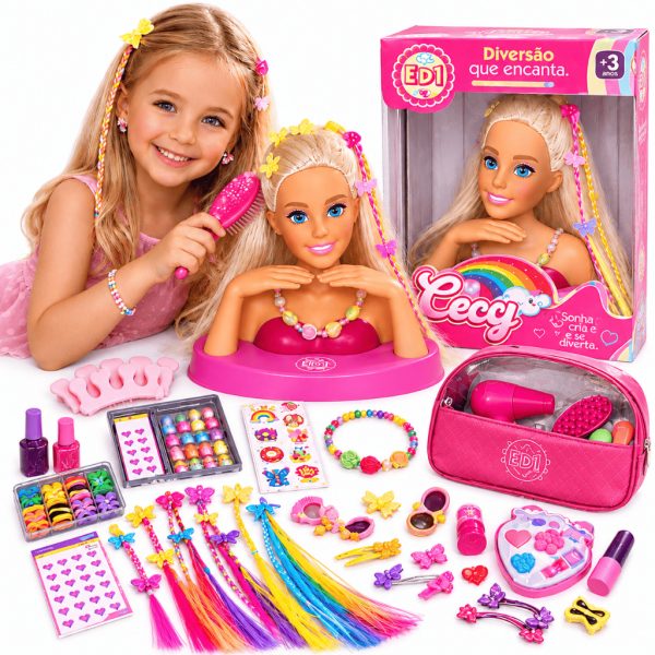 pelucia boneca busto que fala frases com kit maquiagem, esmalte, adesivos, escova e secador de brinquedo