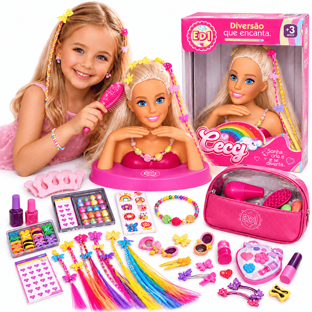 pelucia boneca busto que fala frases com kit maquiagem, esmalte, adesivos, escova e secador de brinquedo
