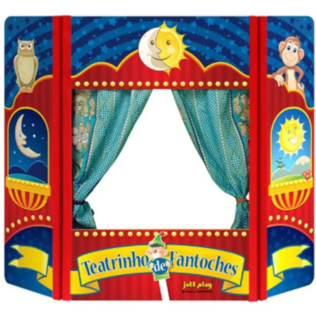 Pelucia boneca e teatro de fantoches infantil de madeira colorido 99x65cm para usar sobre a mesa
