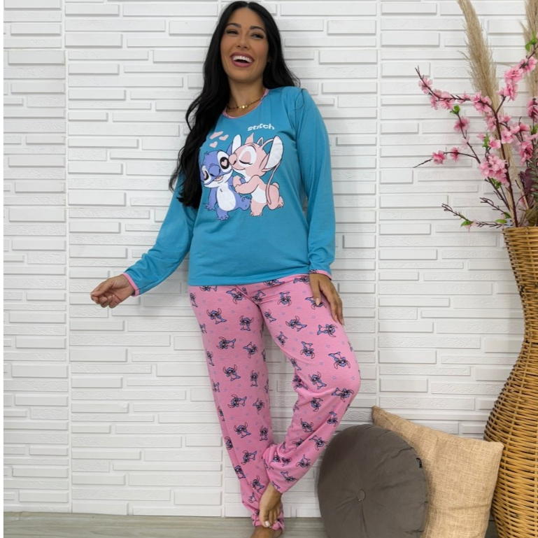 Pijama feminino longo Dejule em malha com manga comprida, modelo adulto confortável
