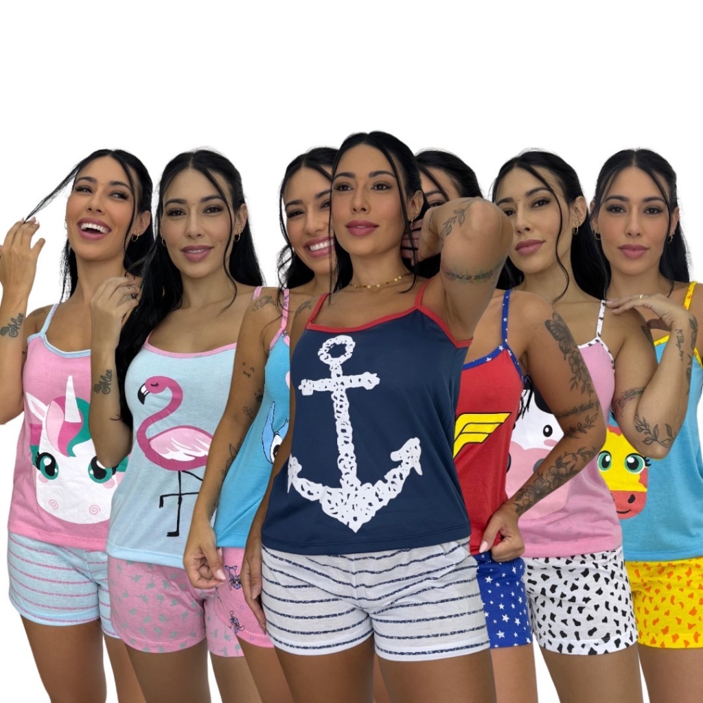 Pijama feminino baby doll alcinha short em malha de qualidade kit com 5 peças