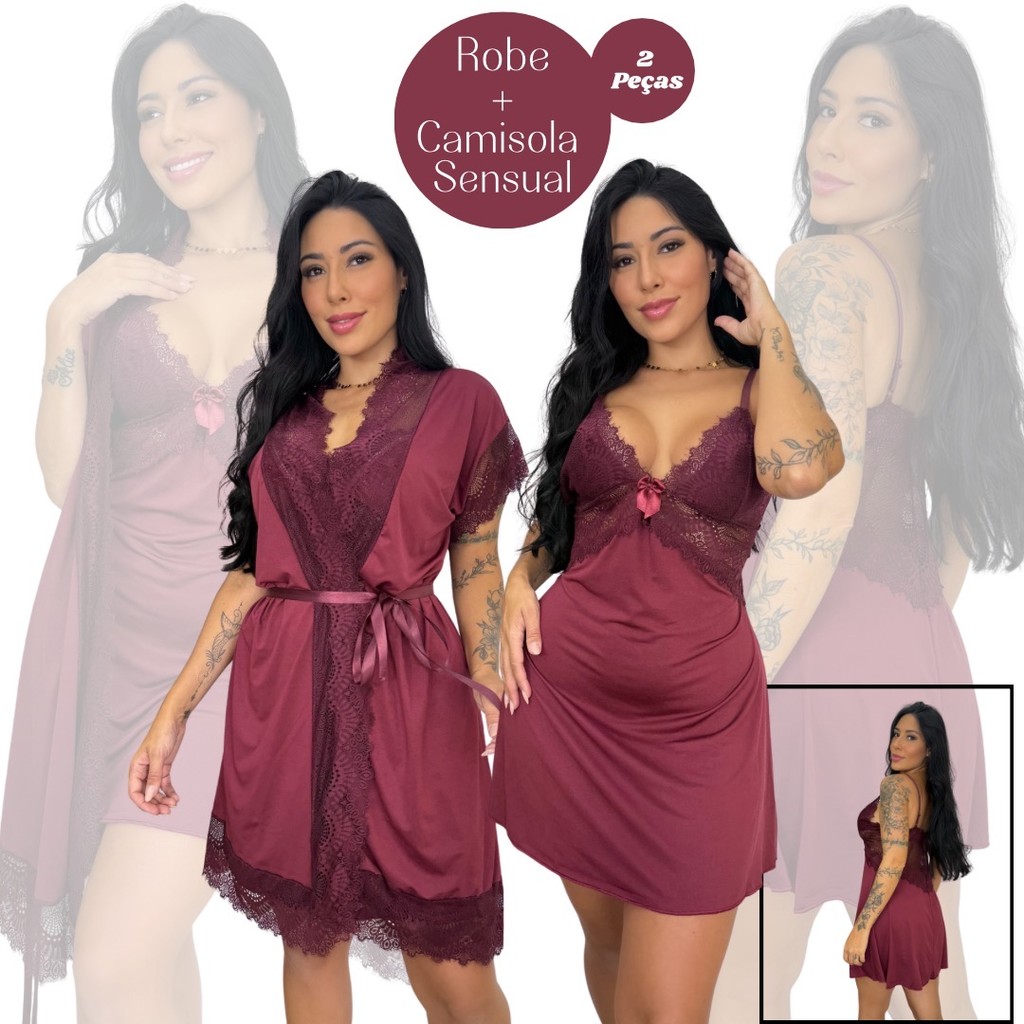 Pijama feminino kit luxo robe romantic e camisola sensual linha noite