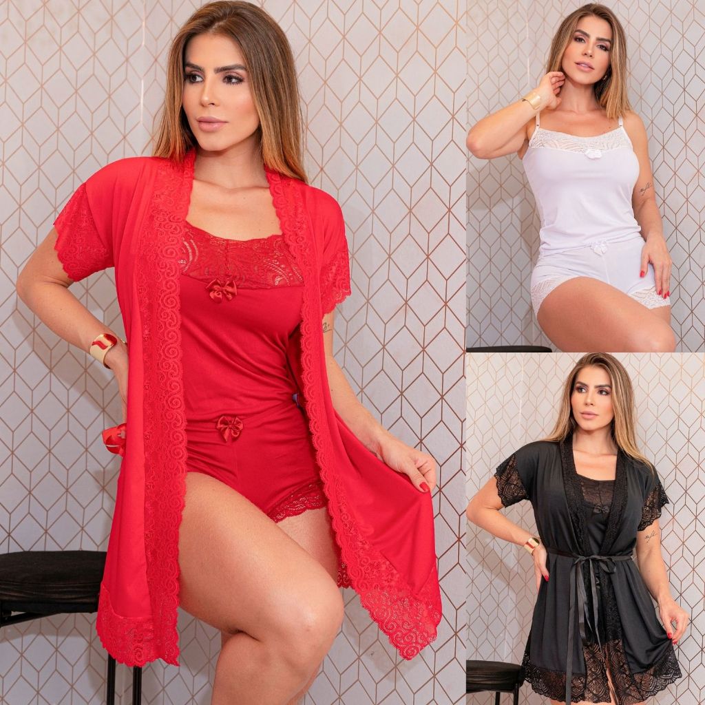Pijama feminino Top Doll com robe sensual de microfibra e renda em tom de luxo
