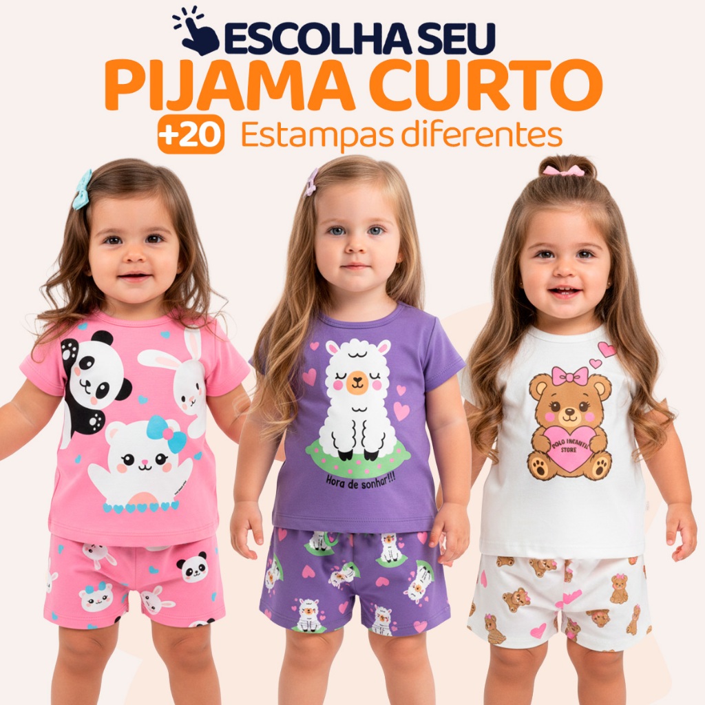 Pijama infantil bebê menina manga curta com estampas fofas para verão