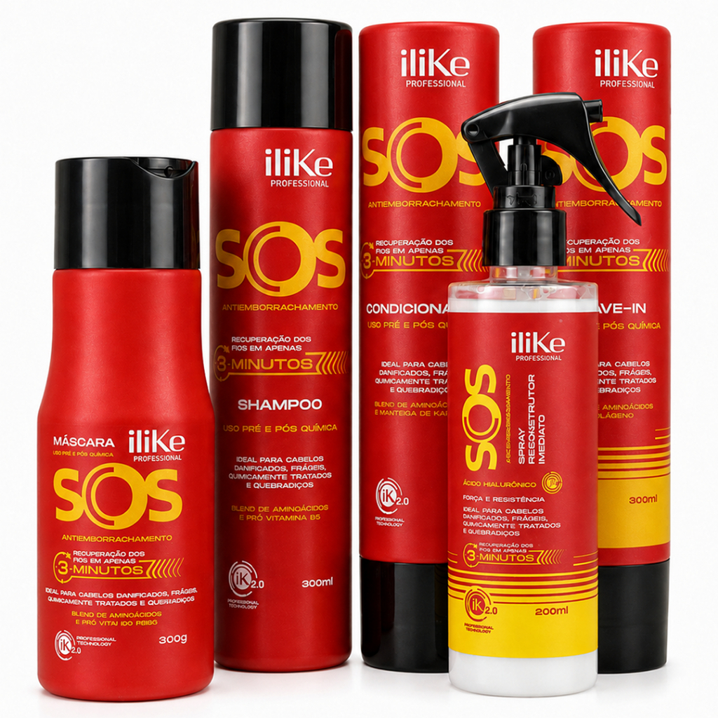 produto cabelo Kit ILike SOS Antiemborrachamento com 5 produtos reconstrutores da linha iLike