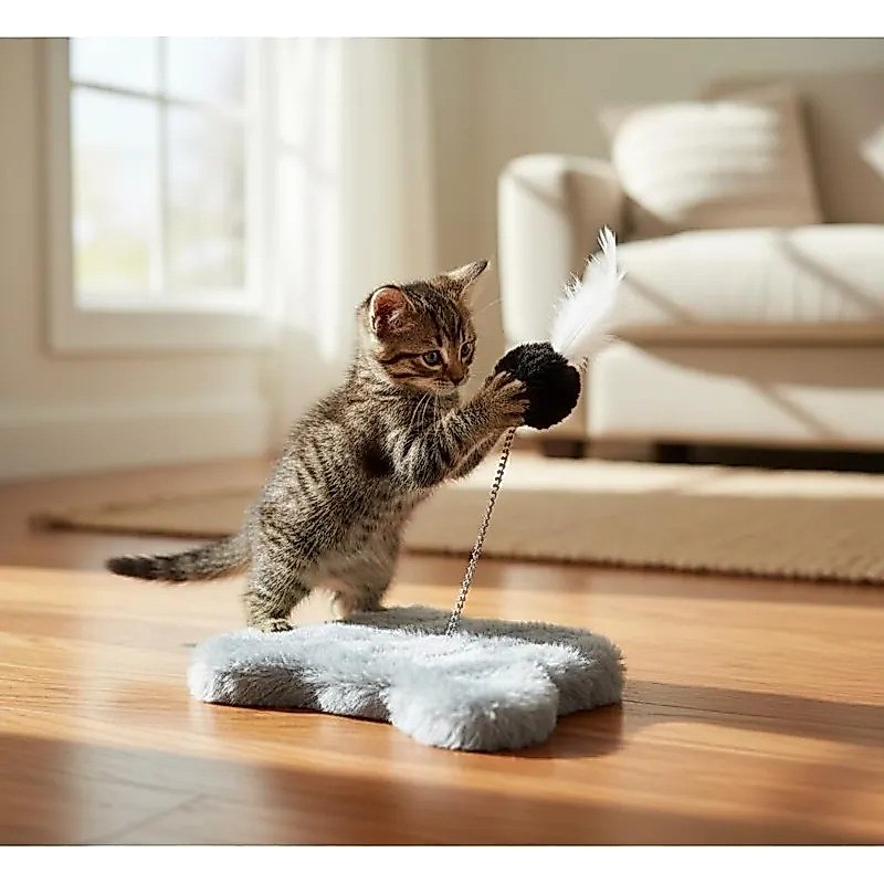 Produto gato brinquedo com mola e pena interativo anti estresse artesanal