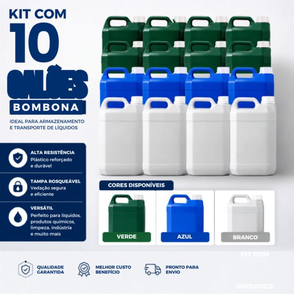 produtos bebe Kit 10 Galão Bombona Plástico 5L Verde com tampa de rosca para água e limpeza