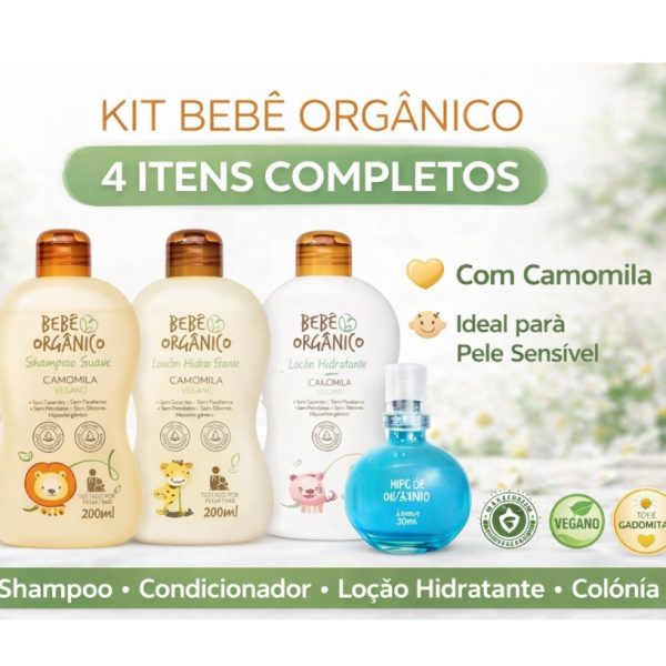 Produtos bebe do Kit Camomila com 4 itens de higiene para pele sensível