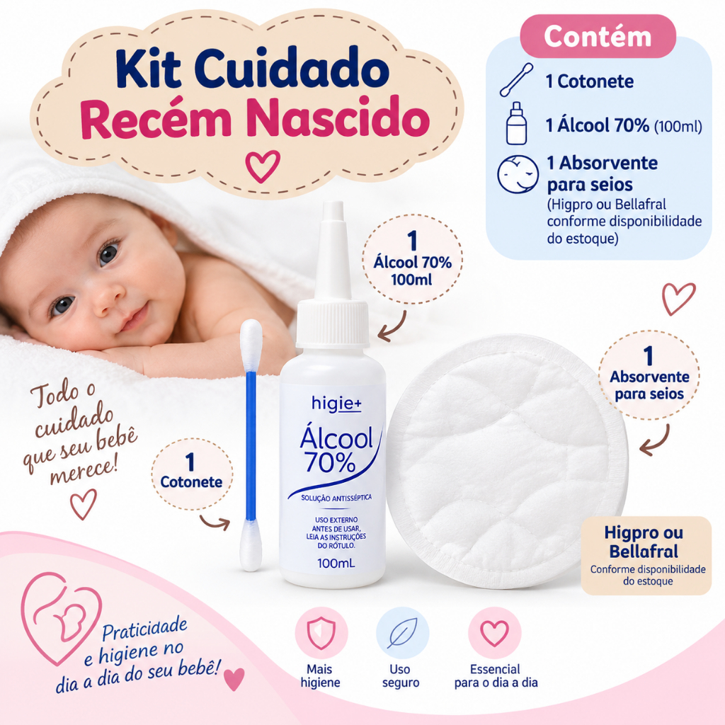 produtos bebe kit higiene recém-nascido e pós-parto com álcool 70%, hastes e protetor de seios