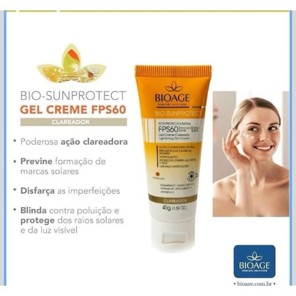 protetor solar facial Bioage Clareador FPS60 45g em embalagem original
