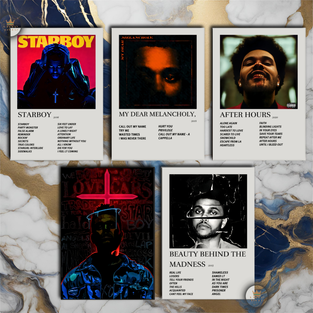 Quadro decorativo The Weeknd com discografia completa em MDF 30x20cm Full HD