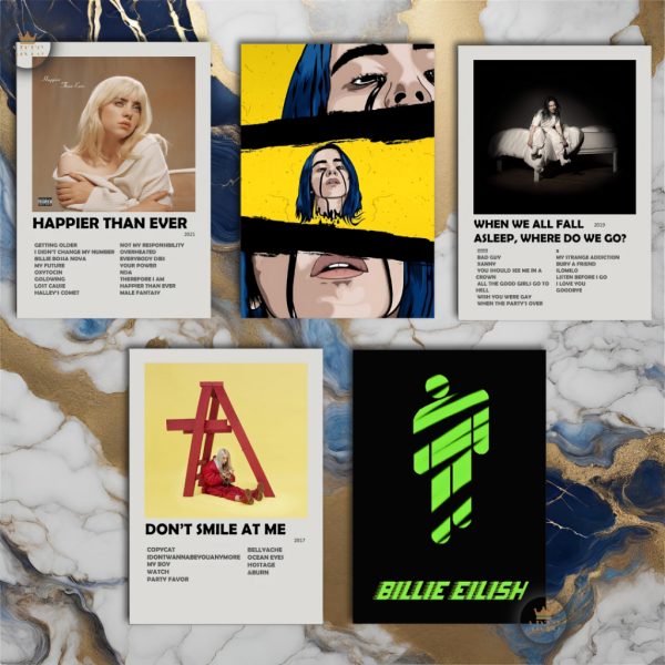 Quadro decorativo Billie Eilish com discografia completa em MDF 30x20cm Full HD