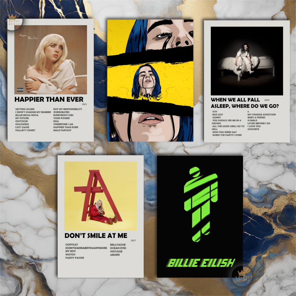 Quadro decorativo Billie Eilish com discografia completa em MDF 30x20cm Full HD