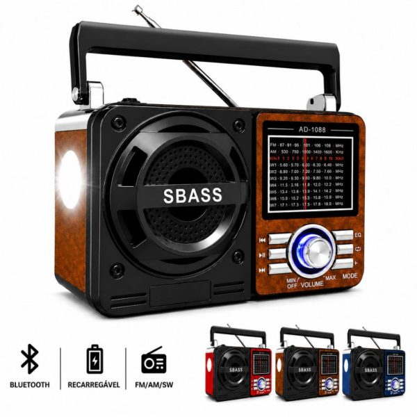 Rádio caixa de som Bluetooth recarregável com lanterna retrô portátil FM AM USB SD pilha