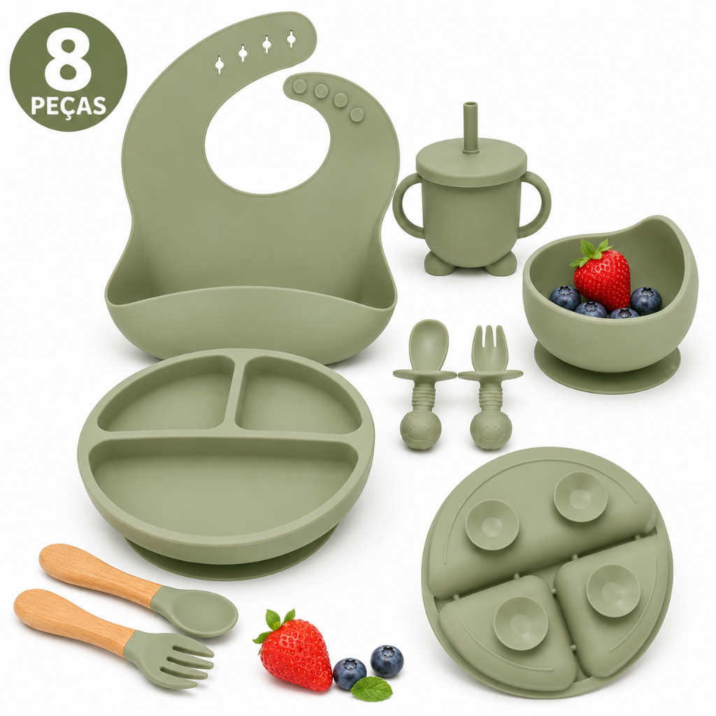 refeição bebê silicone prato com ventosa kit 8 peças babador copo colher garfo