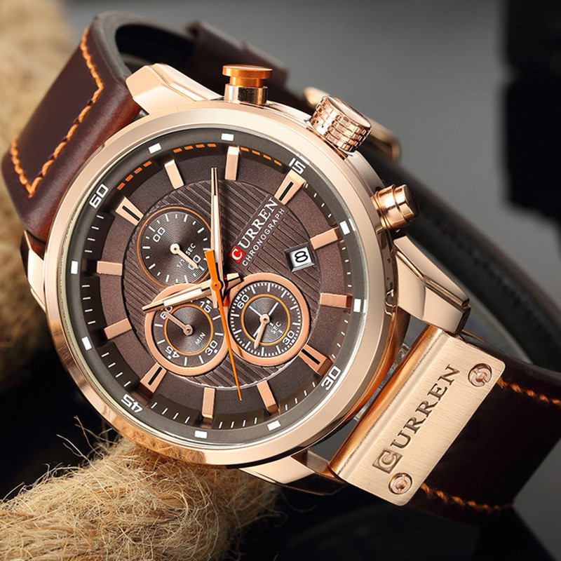 Relógio analógico esportivo masculino Curren 8291 com pulseira de couro à prova d'água