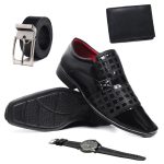 relogio masculino com sapato social de verniz, cinto e carteira em kit completo