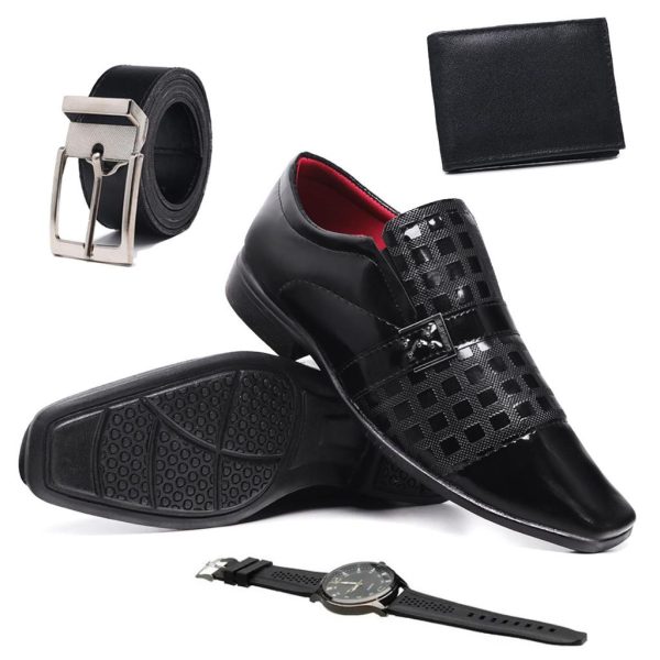 relogio masculino com sapato social de verniz, cinto e carteira em kit completo